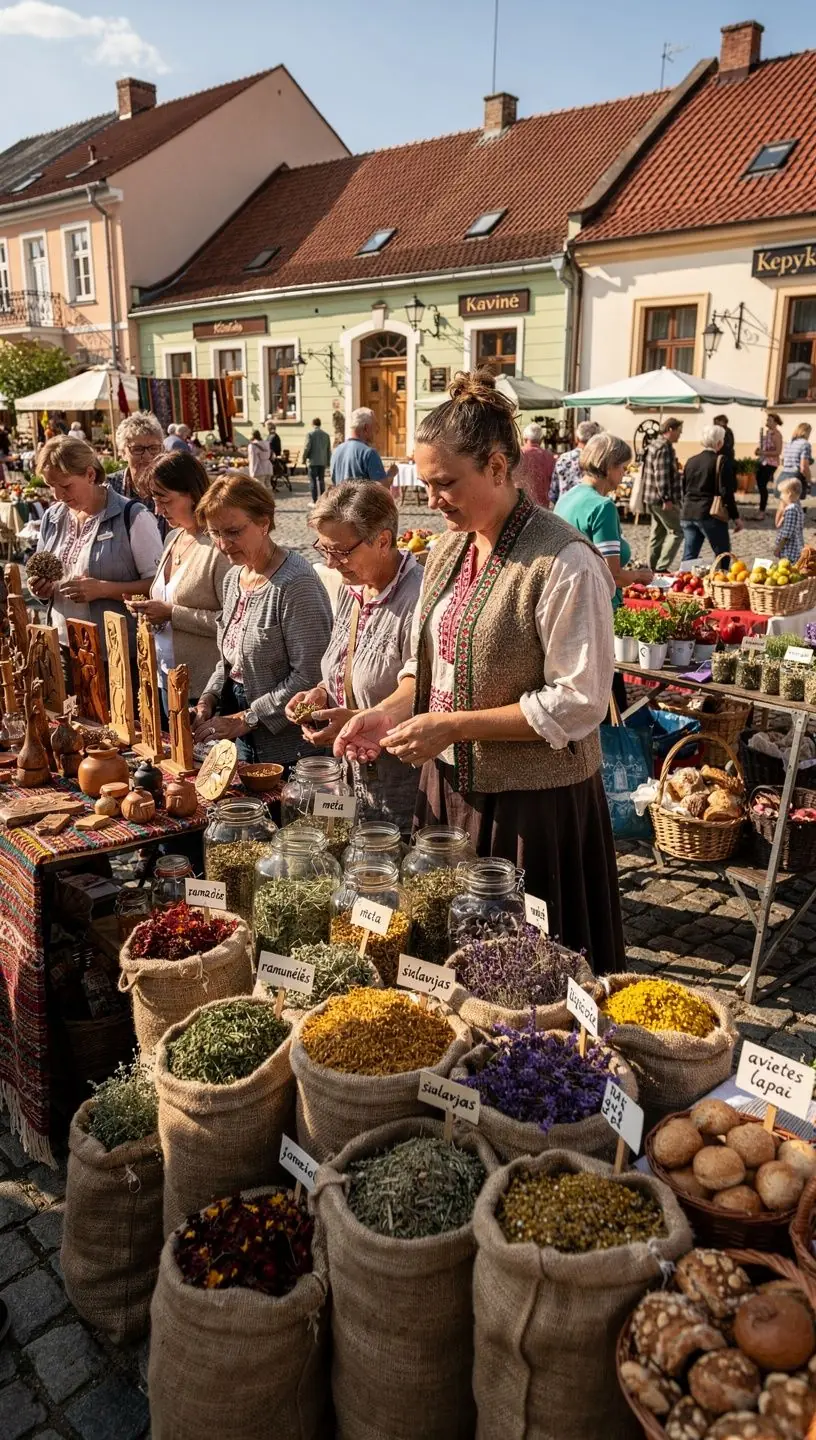 Gražiai supakuota žolelių arbata su etiketėmis, atskleidžiančiomis jos kilmę ir sudėtį.