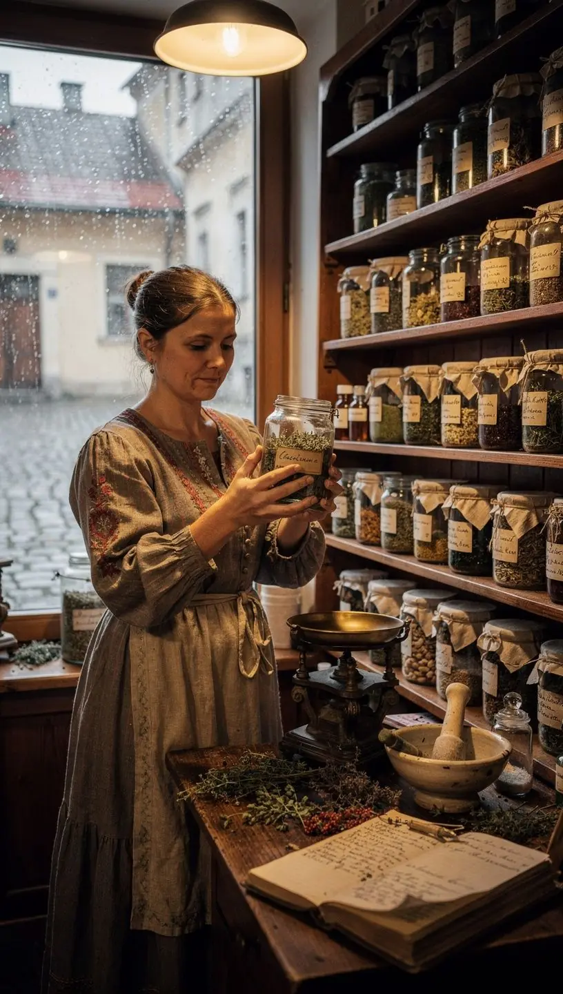 Tradicinė arbatos ruošimo ceremonija, kurioje matomi įvairūs žolelių ingredientai.