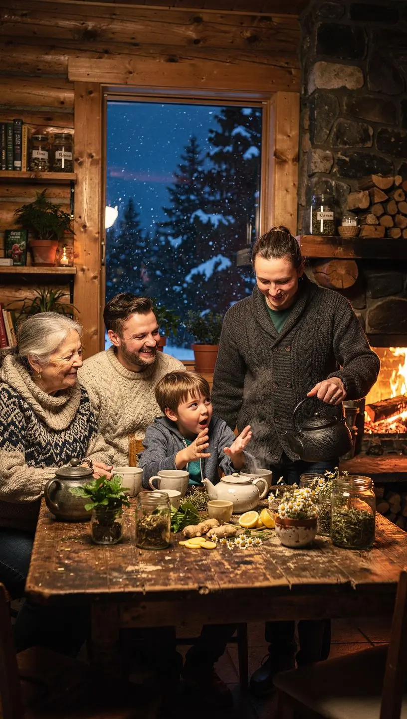 Draugų kompanija, mėgaujantiis žolelių arbata ir besidalijanti tradicijomis.