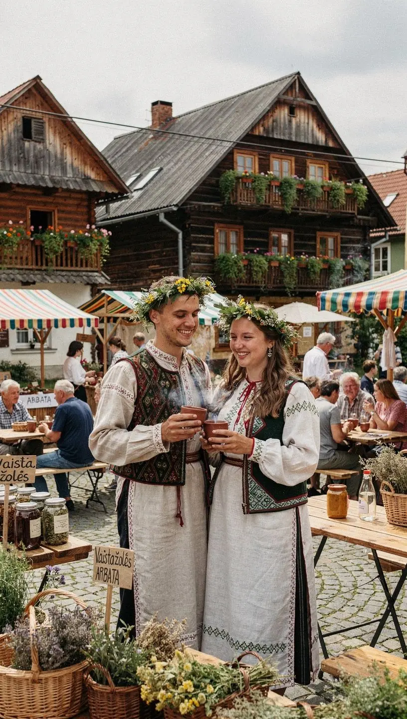 Žolelių arbatos ceremonija, kurioje dalyvauja šeima, susirinkusi bendrauti ir mėgautis kultūrine tradicija.