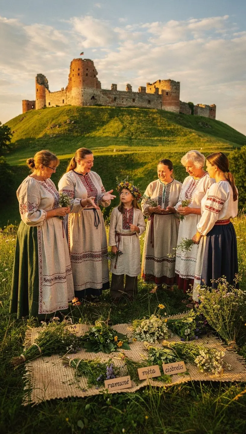 Lietuviškos žolelių arbatos puodelis, aplink kurį išsidėstę šviežios žolelės.